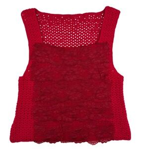 Womens Handmade Crochet Knit Vest Red Lace Tiered Overlay Boho Coquette Small